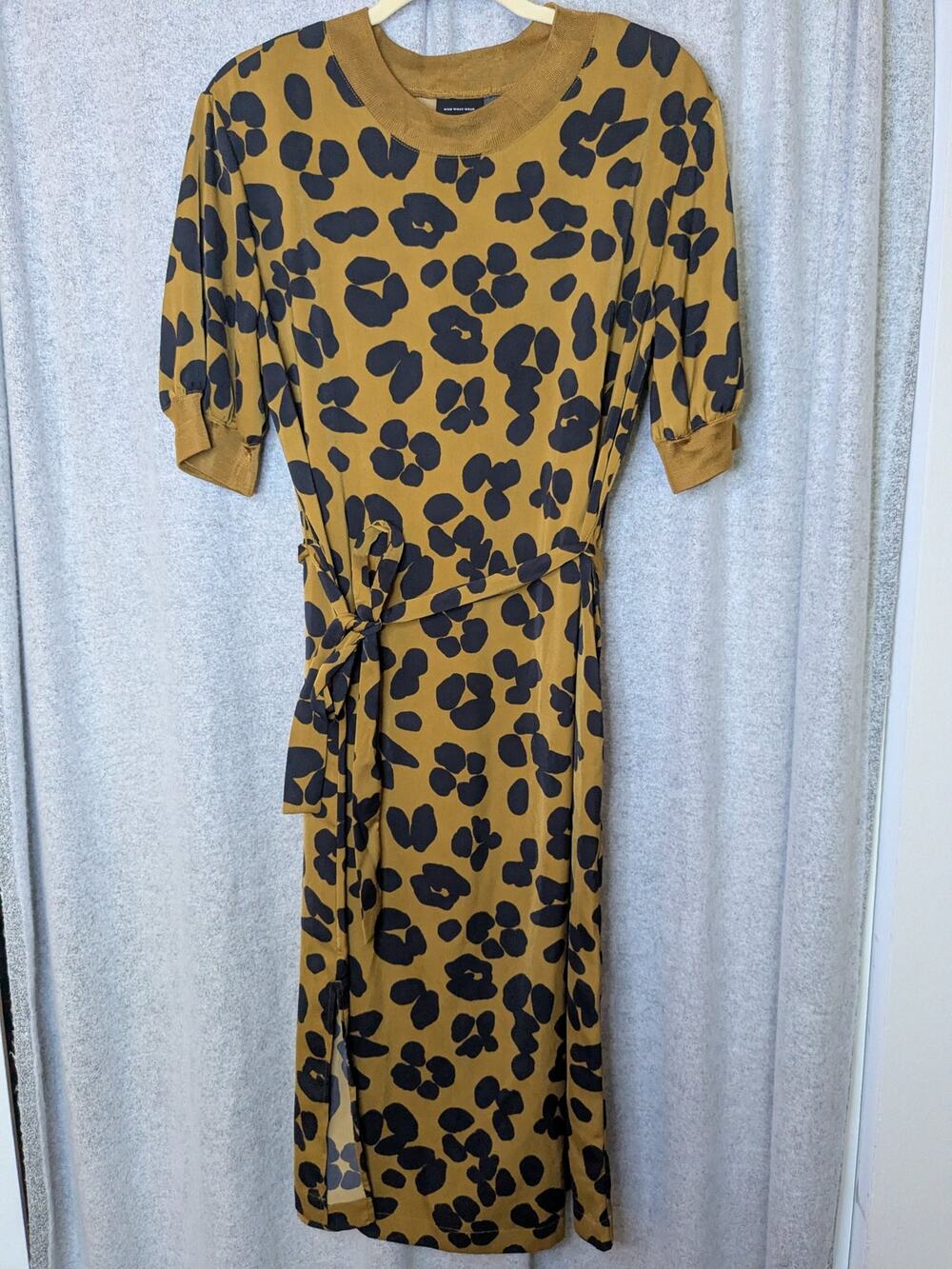 Who What Wear Midi Dress Womens M Mustard Animal Print Tie Waist Puff Sleeve